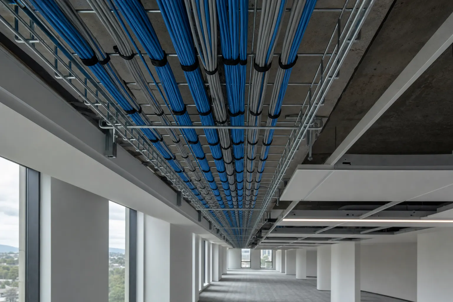 Data cables dressed in basket tray above an office ceiling
